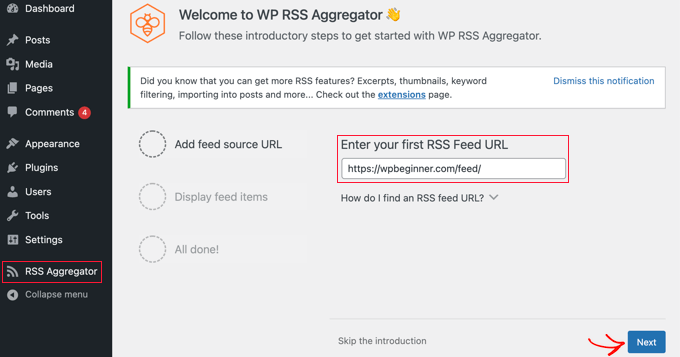 Saisissez l'URL du flux dans les paramètres de l'agrégateur WP RSS