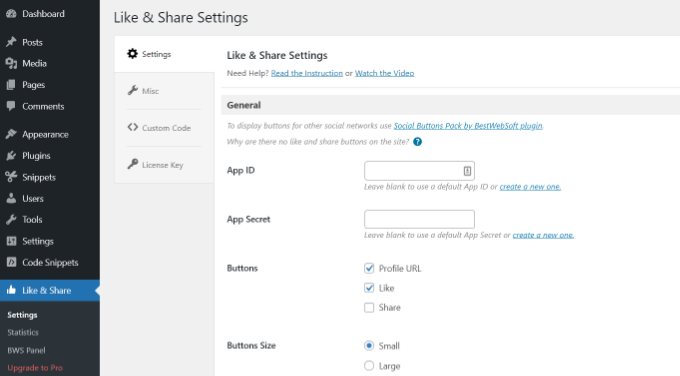 Like and share plugin settings