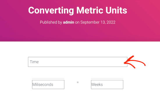 A conversion calculator created using a WordPress plugin