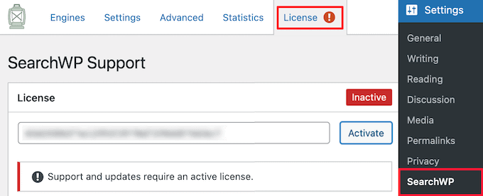 Enter SearchWP license