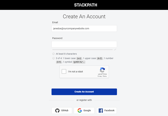 Entering your details to create your StackPath account