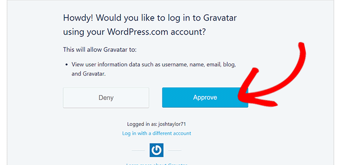 Click on the Approve button to integrate WordPress account with Gravatar
