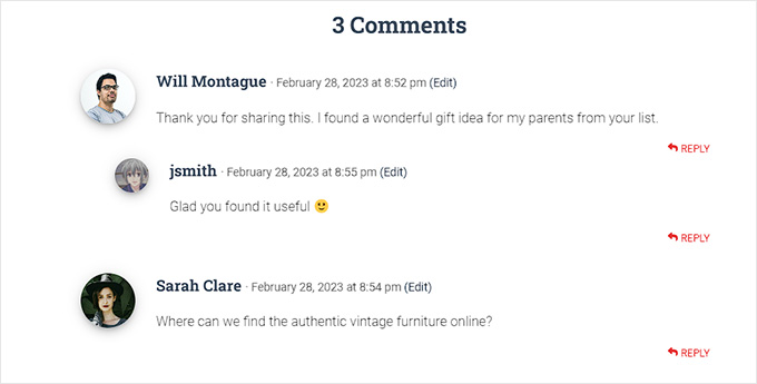 WordPress comments showing gravatar images of users