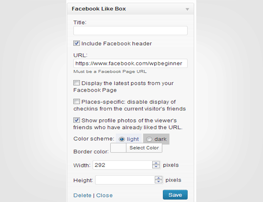 Facebook like box / fan box widget settings