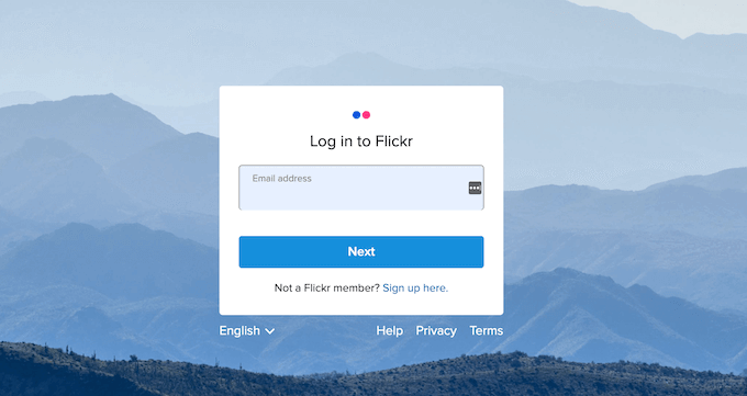 The Flickr's website sign in page