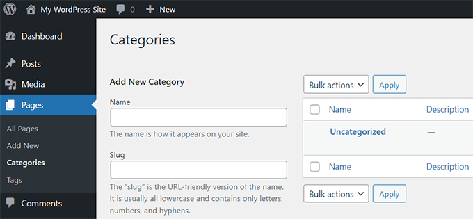 Add name and slug for new page category