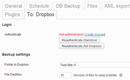 Аутентификация в Dropbox для сохранения резервных копий в Dropbox