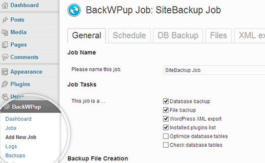 Создать новое задание резервного копирования в BackWPup