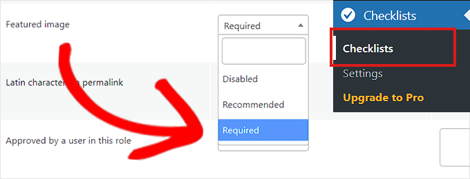 Select the Required option from the dropdown menu next to the Featured Image option