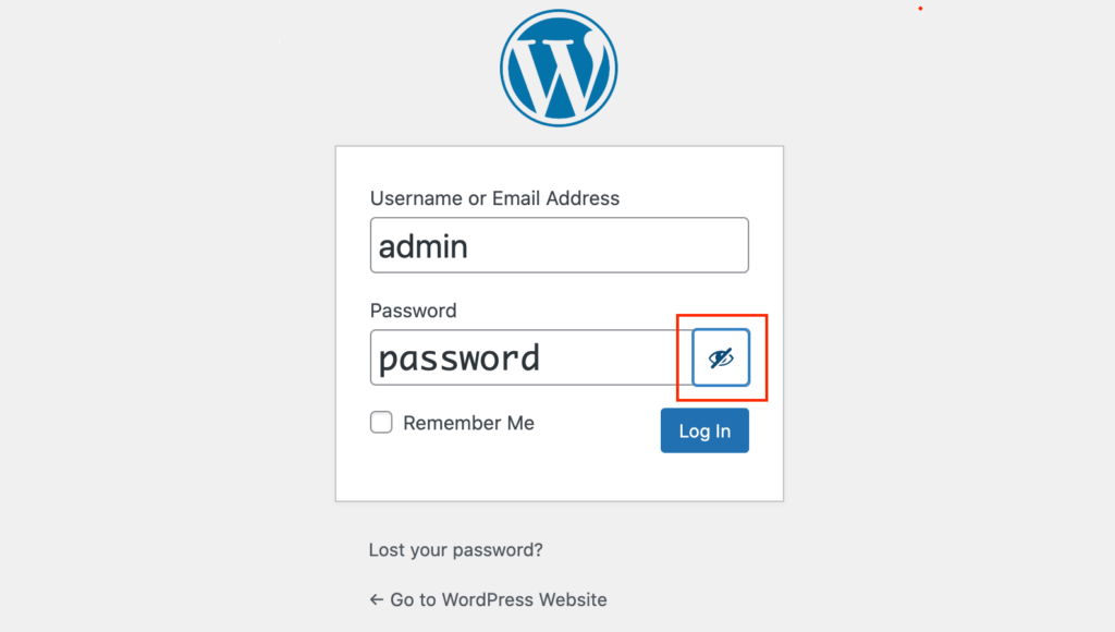 The show/hide password field on a WordPress login screen