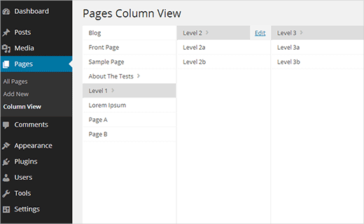 Column view for Pages in WordPress admin area