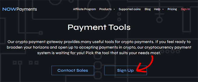 Click sign up for NOWPayments