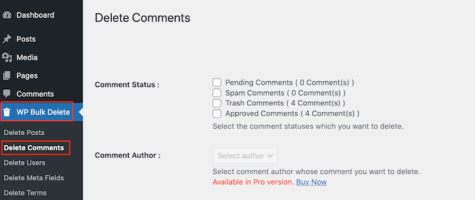 Bulk deleting WordPress comments using the WP Bulk Delete plugin