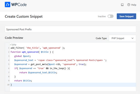Add Code Snippet to Display Sponsored Post Prefix in WPCode