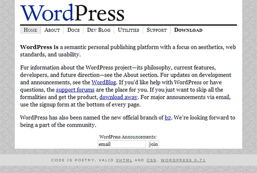 Домашняя страница WordPress.org в 2003 году