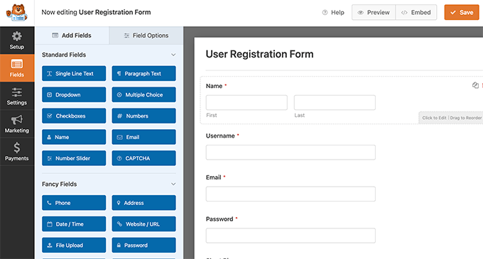 Редактирование формы регистрации пользователя