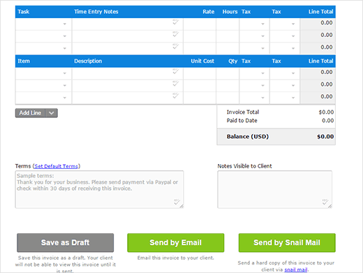 Entering tasks and items with rates and amount due