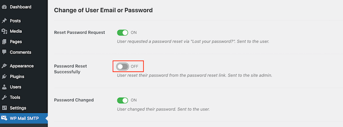 WP SMTP's password reset settings