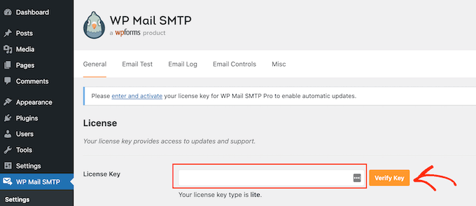The WP SMTP license key field