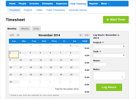 Tracking time using FreshBooks