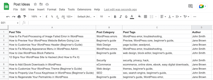 Пример электронной таблицы идей для постов в WordPress