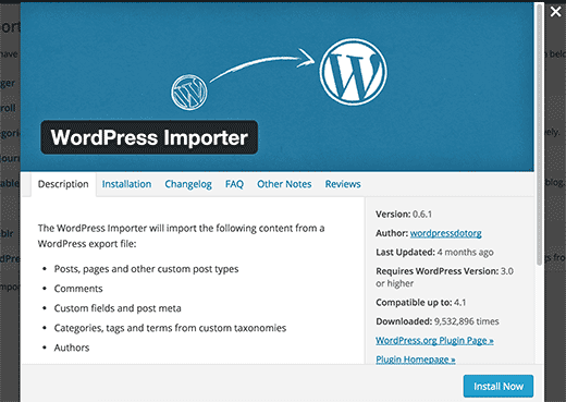 Installing WordPress importer plugin