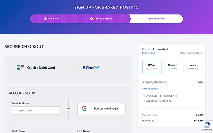 Enter your payment details for DreamHost