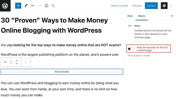 Настройка блока WordPress More