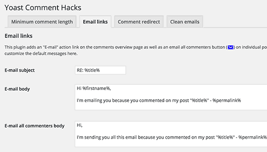 Настройки Email Links в Yoast Comment Hacks