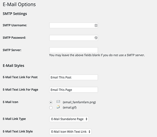 Settings page for WP-EMail