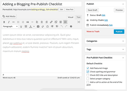 Checklist items on the post edit screen
