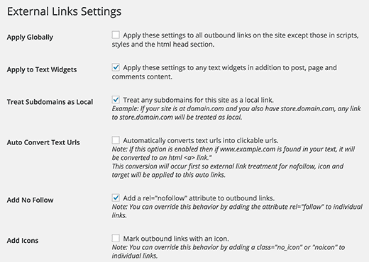 External links settings