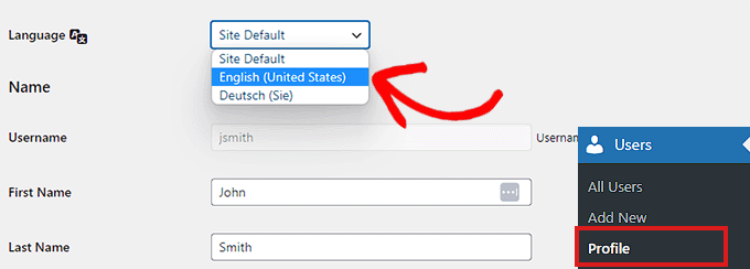 Switch admin language to English using default settings