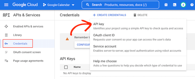 Creating credentials in the Google Cloud Console