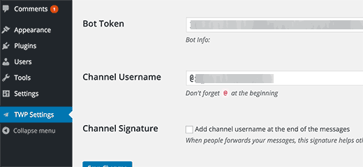 Channel settings in Telegram for WordPress plugin