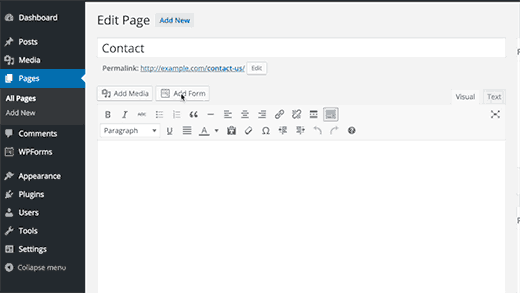 Adding your contact form to a page in WordPress