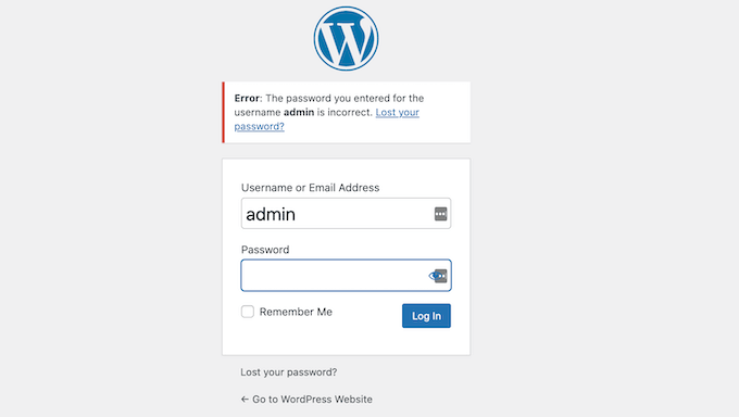 A password hint in the WordPress login error message