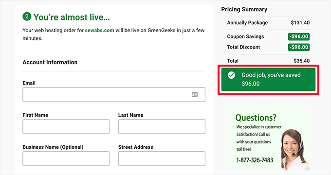 Enter your details to set up your GreenGeeks account