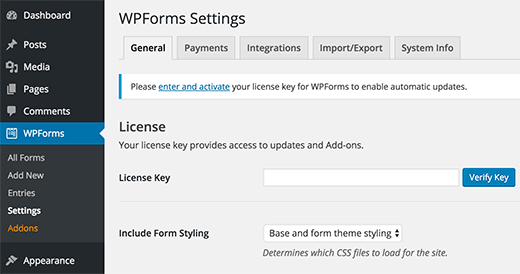 添加WPForms许可证密钥 添加WPForms许可证密钥