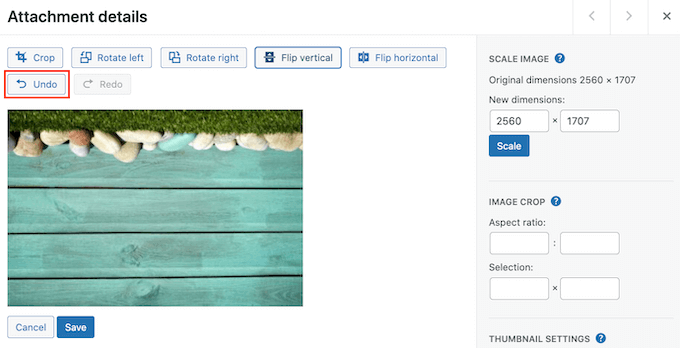 The 'Undo' button in the WordPress media library