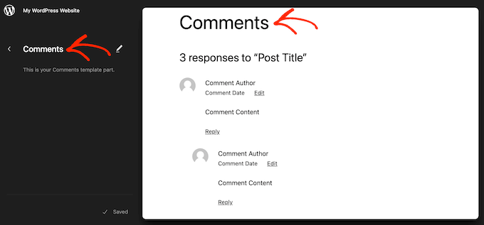 The 'comments' template part in the WordPress full site editor
