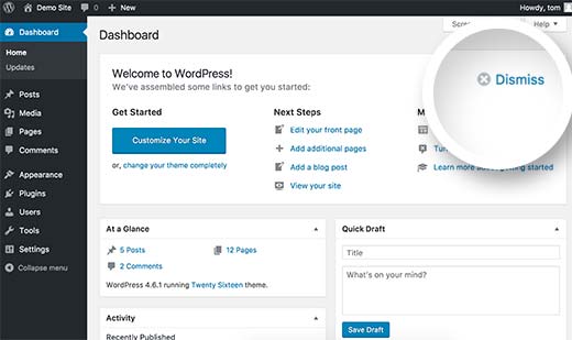 Отключите панель приветствия в приборной панели WordPress