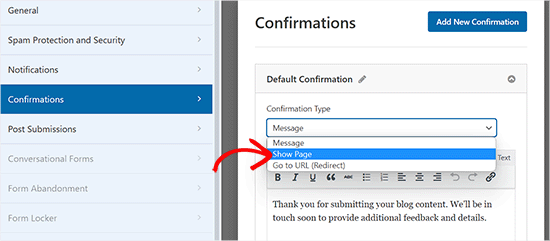 Confirmations settings in WPForms Add confirmation message for the form