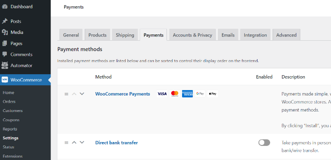 Go to the payments tab in WooCommerce