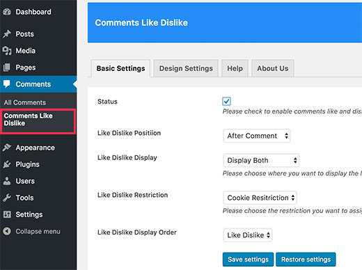 Comments like dislike settings