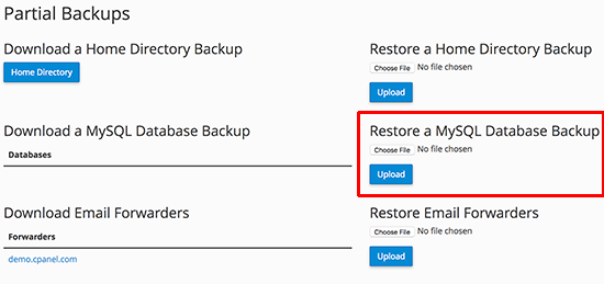 Restore database using cPanel