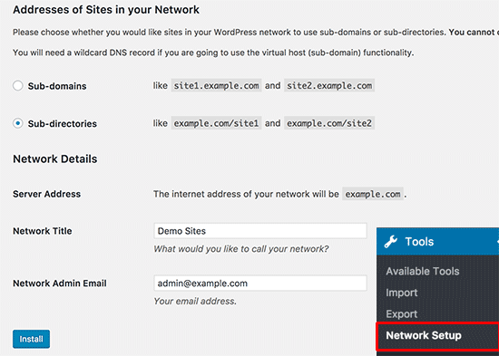 WordPress multisite network setup