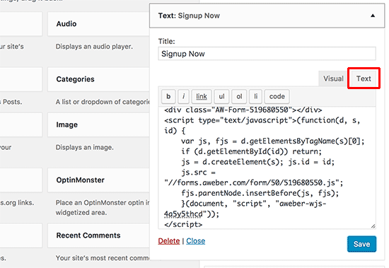 Pasting AWeber web form code in WordPress text widget