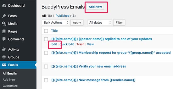 Редактирование уведомлений по электронной почте в BuddyPress