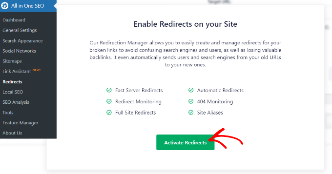 Activate redirects addon